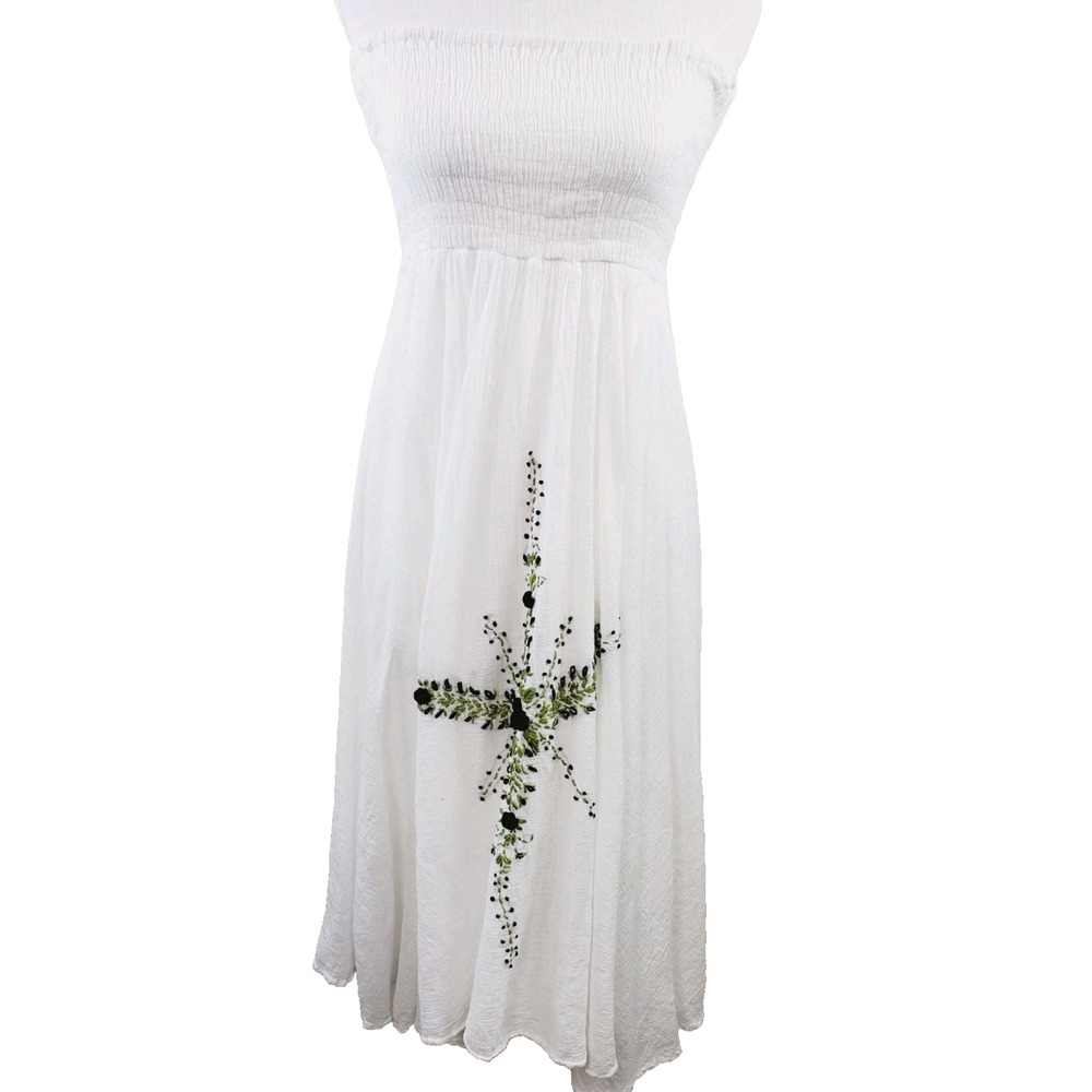 Advance Apparels‎ Womens Dress White Smocked Maxi Bohemian Strapless Embroidered
